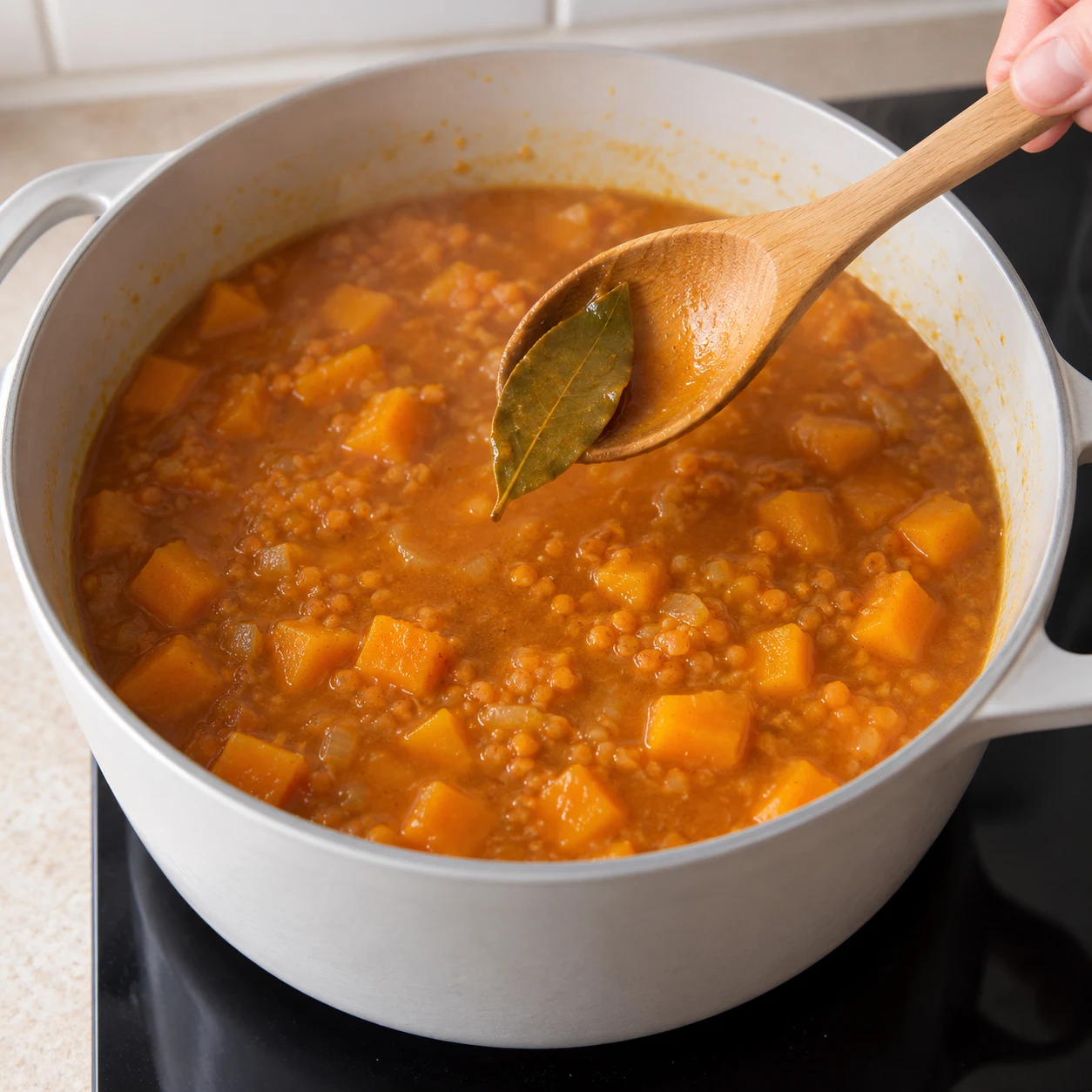Cuillère retirant une feuille de laurier de la soupe cuite.