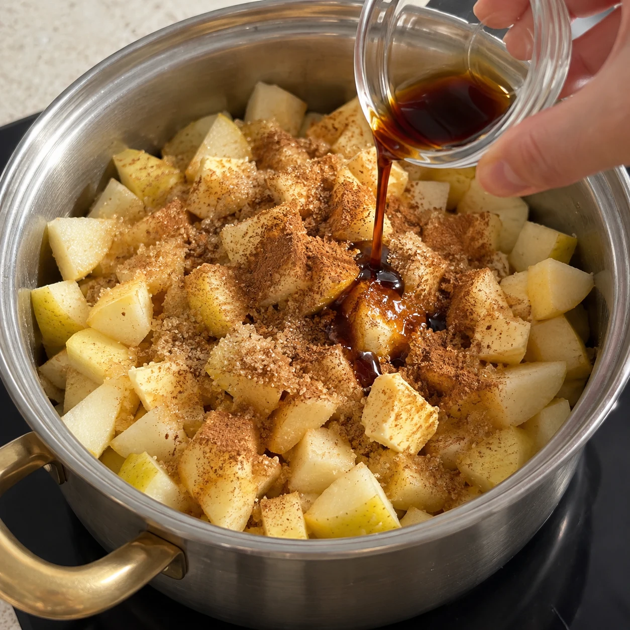 Verser la vanille liquide sur les dés de fruits avec sucre roux et cannelle.
