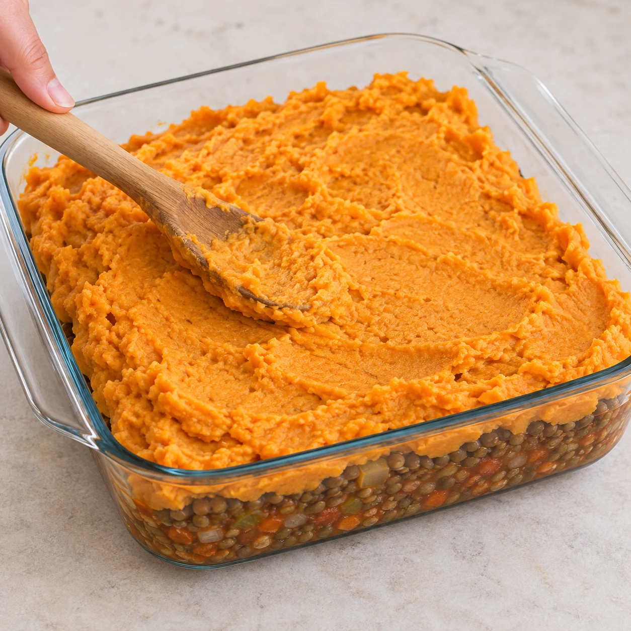 Cuillère en bois étalant épaisse couche de purée orange de patate douce au-dessus de base lentilles dans le plat en verre.