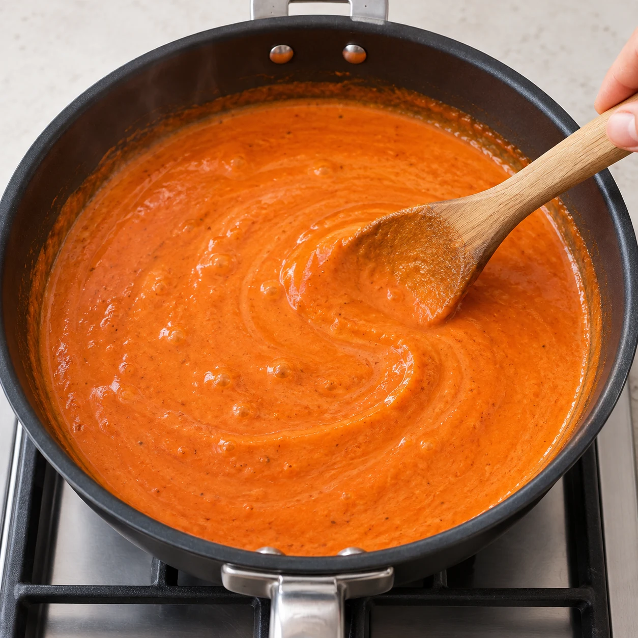 Fais mijoter doucement la sauce pendant 10 minutes, en remuant pour incorporer la crème et les fines lanières de fromage végétal. La sauce est homogène, lisse et rouge orangée.