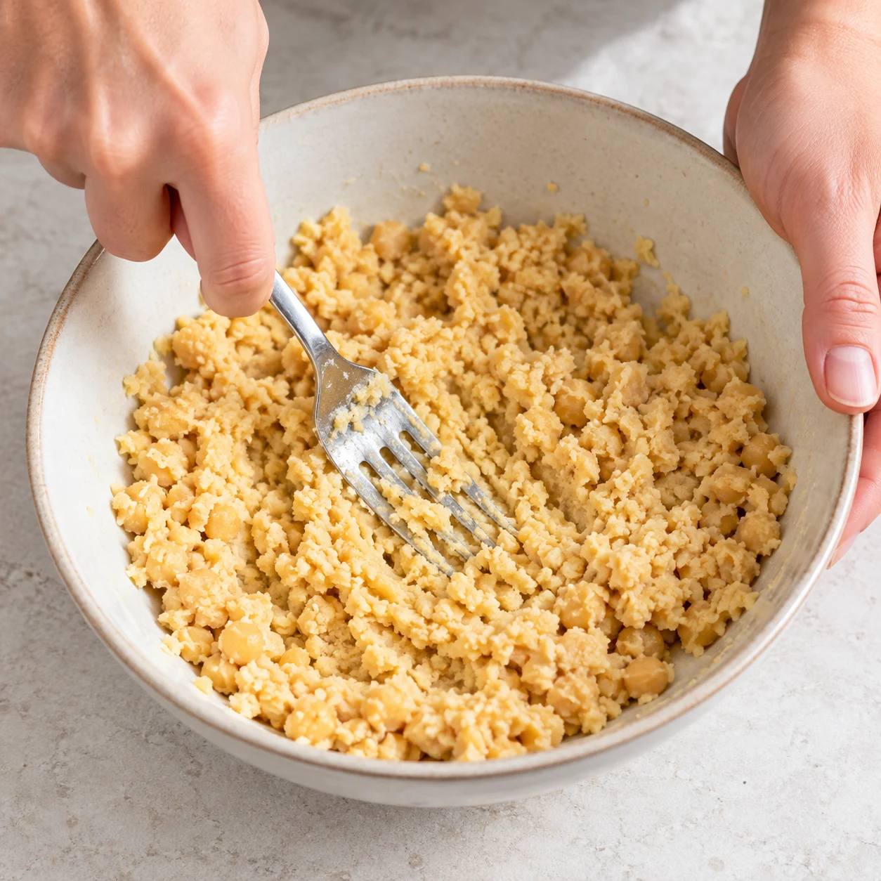 Fourchette écrasant des pois chiches cuits égouttés beige pâle dans un bol neutre, sans brocoli.