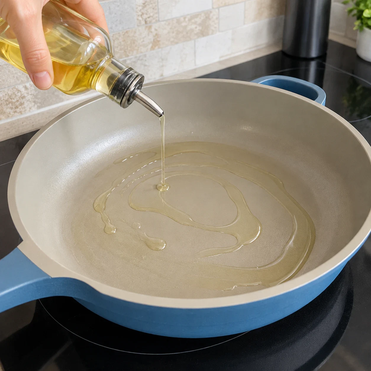 Petit filet d’huile végétale alimentaire dans une poêle vide, surface légèrement huilée sans oignon.