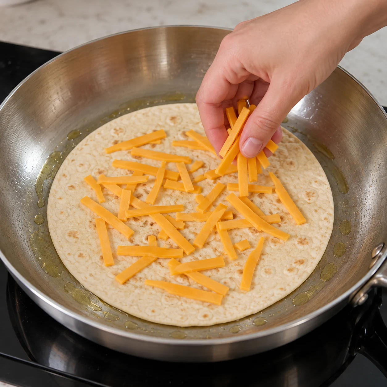 Une seule photographie montrant l’action « Répartir les tranches végétales » : Les lanières végétales orangées sont réparties sur la tortilla à plat. Les morceaux de soja de la source sont remplacés par un haché brun orangé fin, les filaments blancs de fromage par des lanières végétales cheddar orangées. Respecter l’étape, sans ingrédient futur.