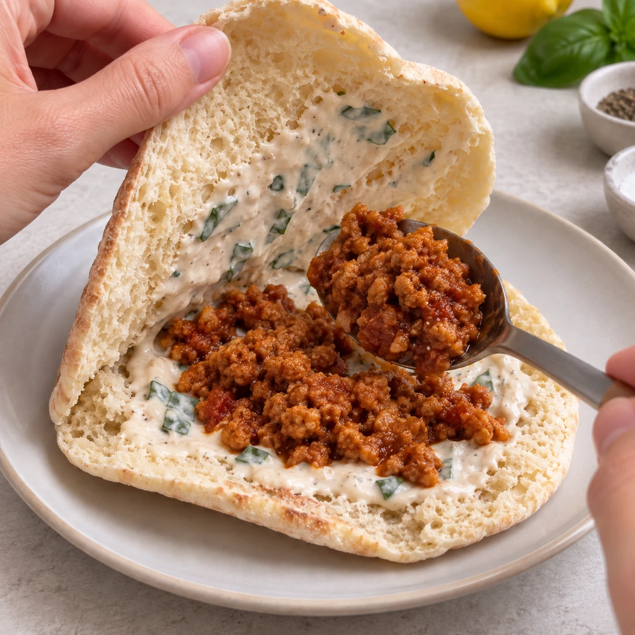 Haché de soja chaud versé dans le pain pita nappé de sauce.