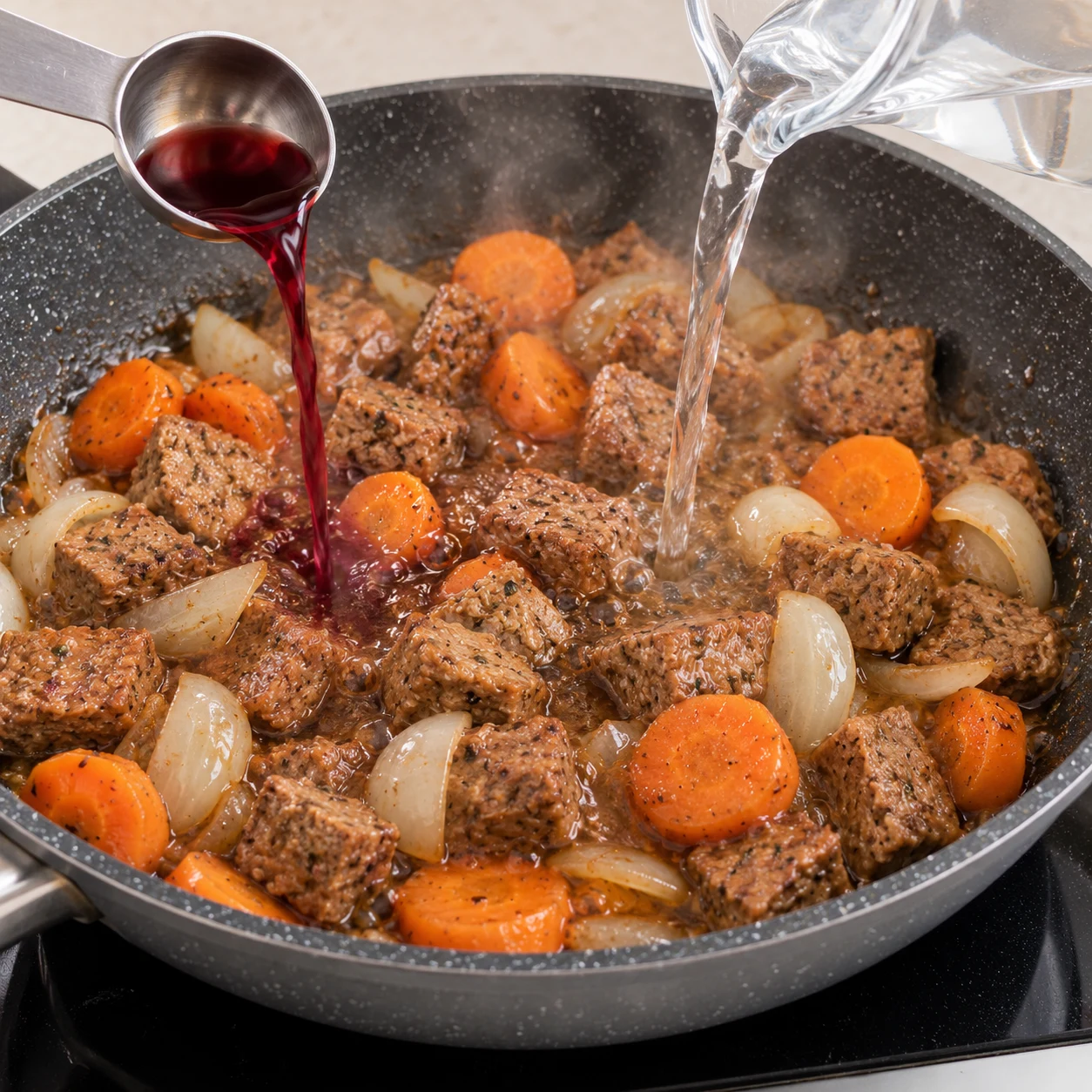 Filet de vinaigre de vin et d’eau versé sur les morceaux de steak grillés, les carottes et les oignons dans la sauteuse.