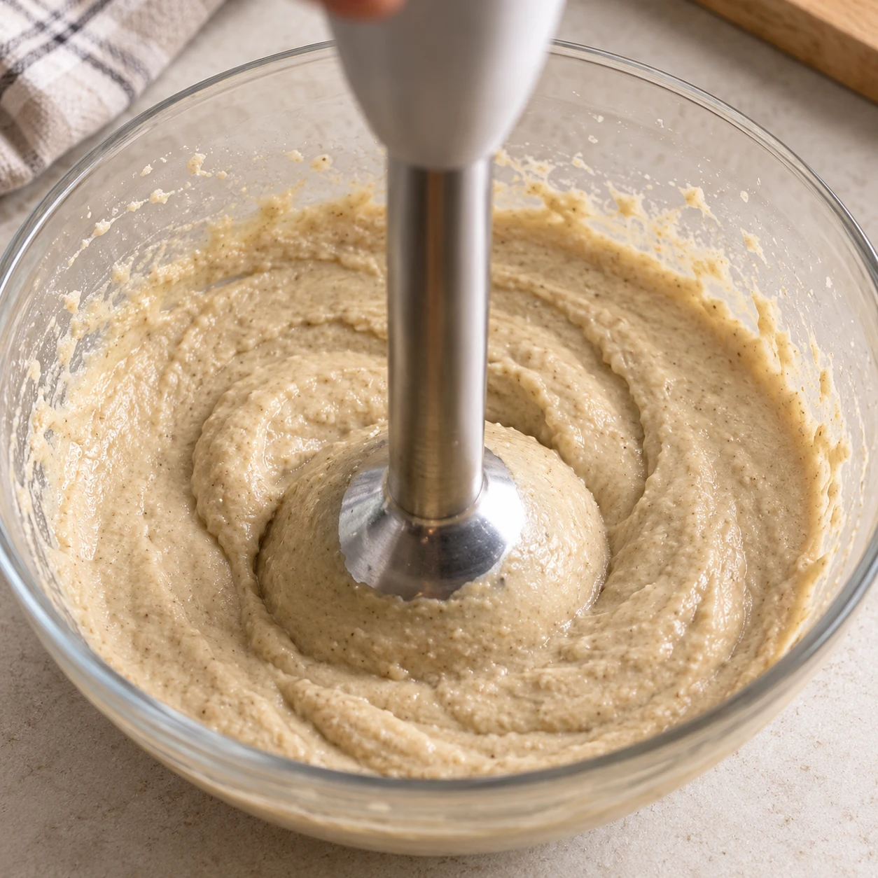 Mixeur plongeant en inox dans un saladier en verre contenant la purée beige de lentilles et de margarine, sans bol ni morceau de coco.