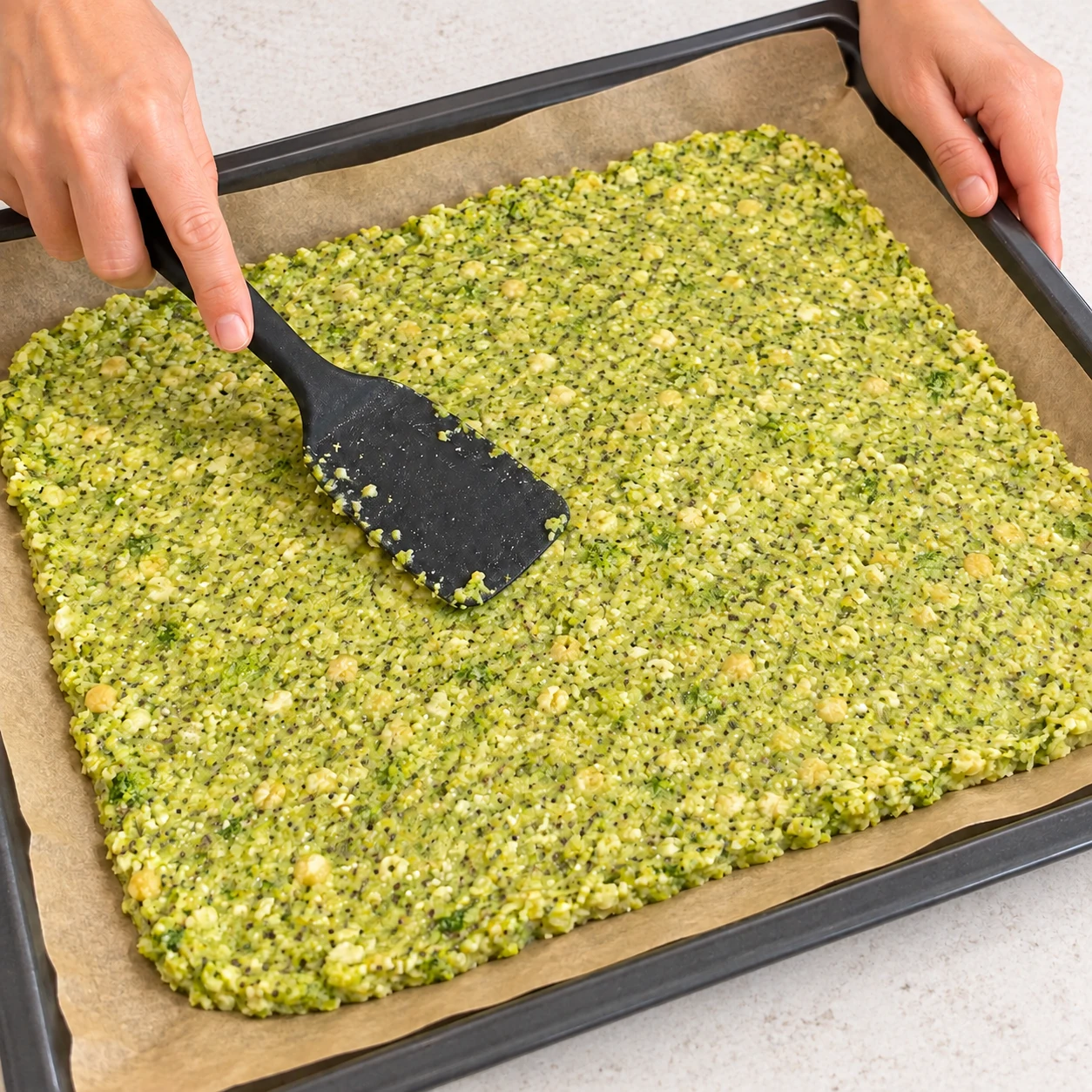 Spatule aplatissant une base rectangulaire aux coins arrondis, vert brocoli granuleux avec petits petits grains beiges et chia, sur papier cuisson.