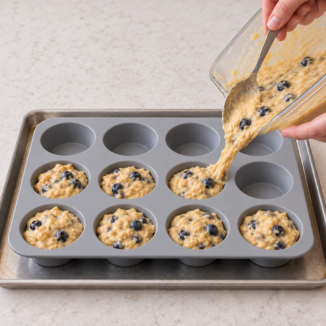 Répartissez toute la pâte dans sept alvéoles d’un moule à muffins en silicone, posé sur une plaque. Photo unique de cette action, sur pierre pâle, sans texte ni personne identifiable.