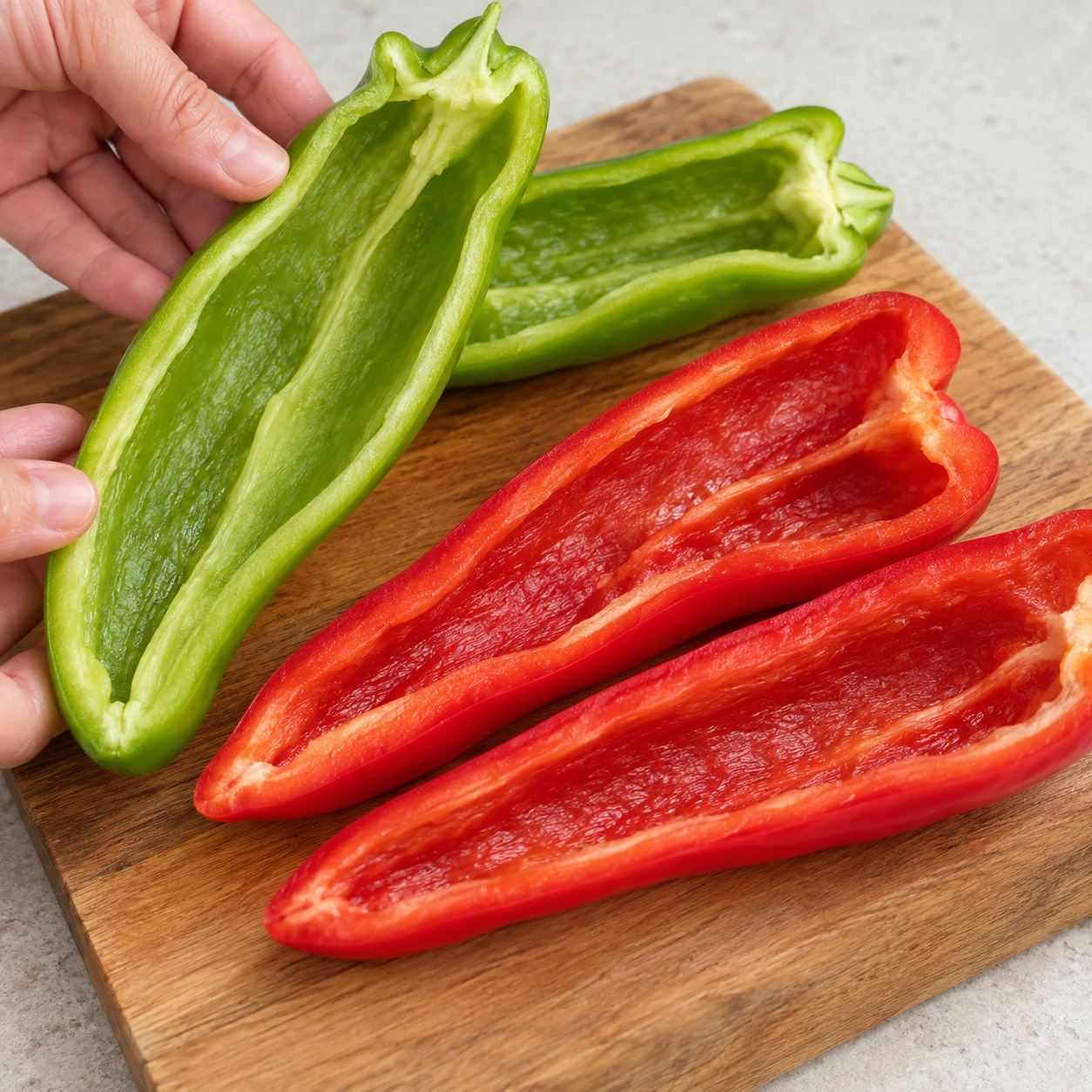 Une seule action : Préparer les poivrons. Les poivrons sont ouverts et épépinés. Version végétale aux pois chiches, aucune viande, aucun seitan, aucun tofu.
