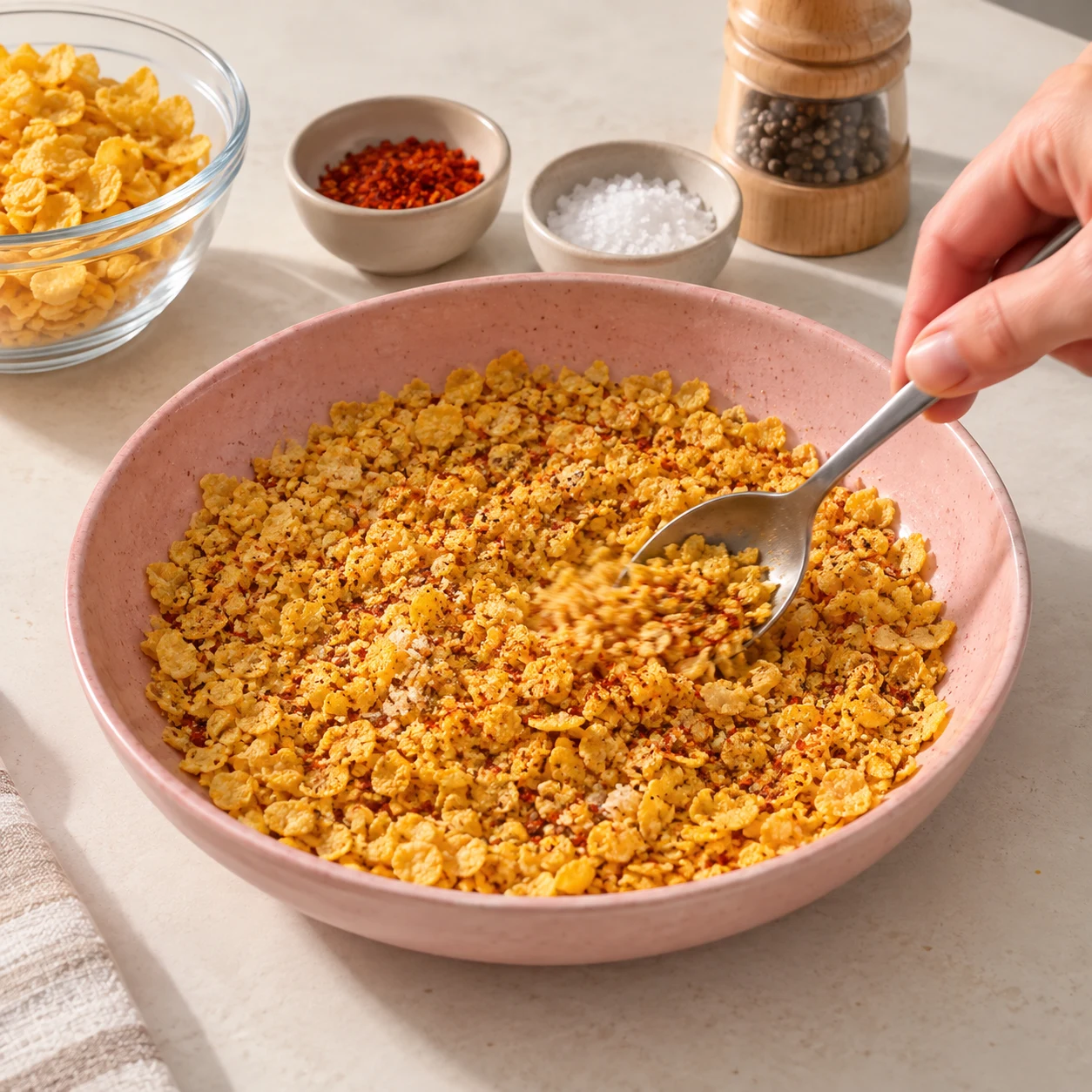 Chapelure de corn flakes assaisonnée dans une assiette.