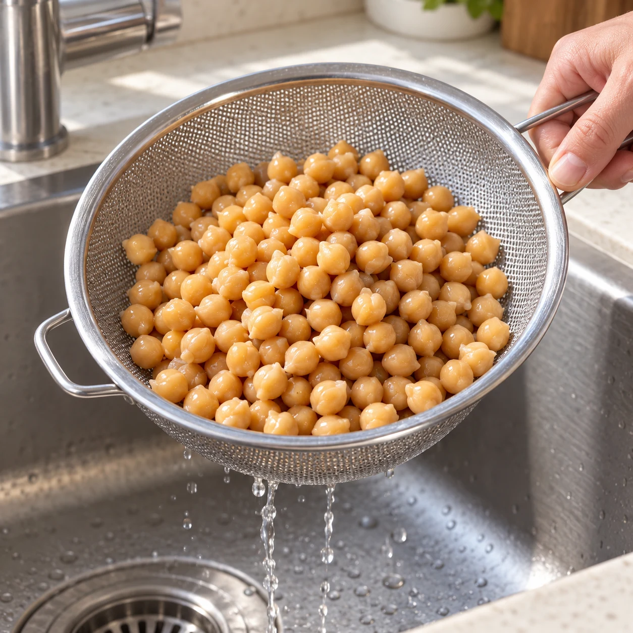 Pois chiches cuits entiers égouttés dans une passoire en inox au-dessus de l’évier.