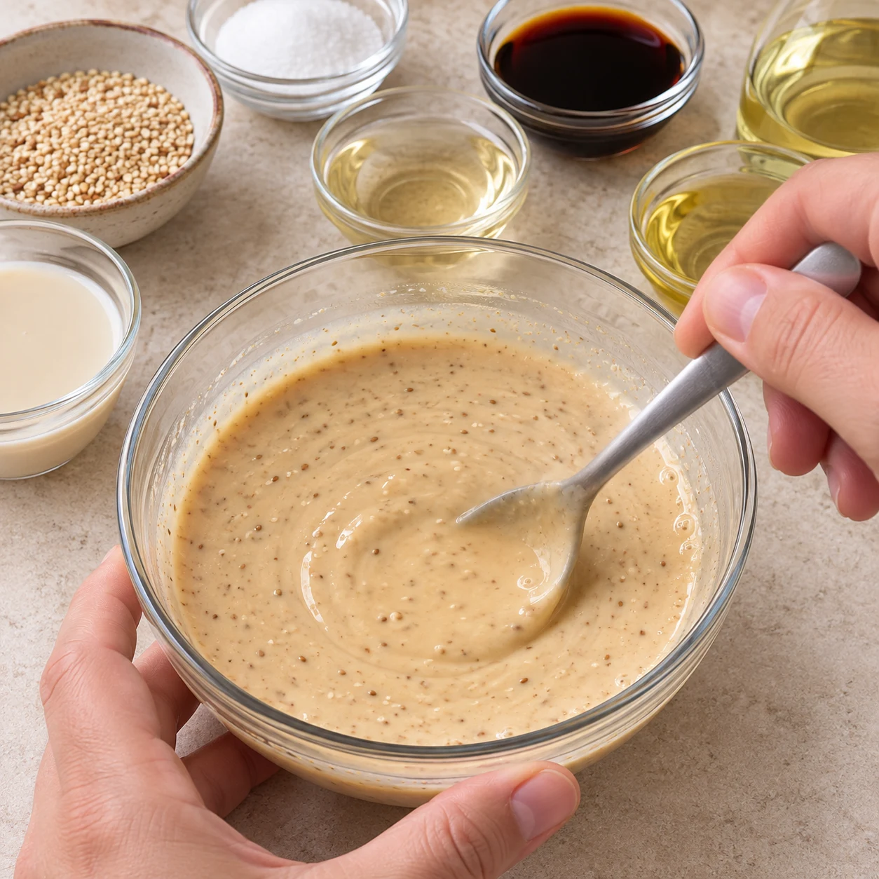 Cuillère remuant la sauce végétale au sésame devenue plus fluide.