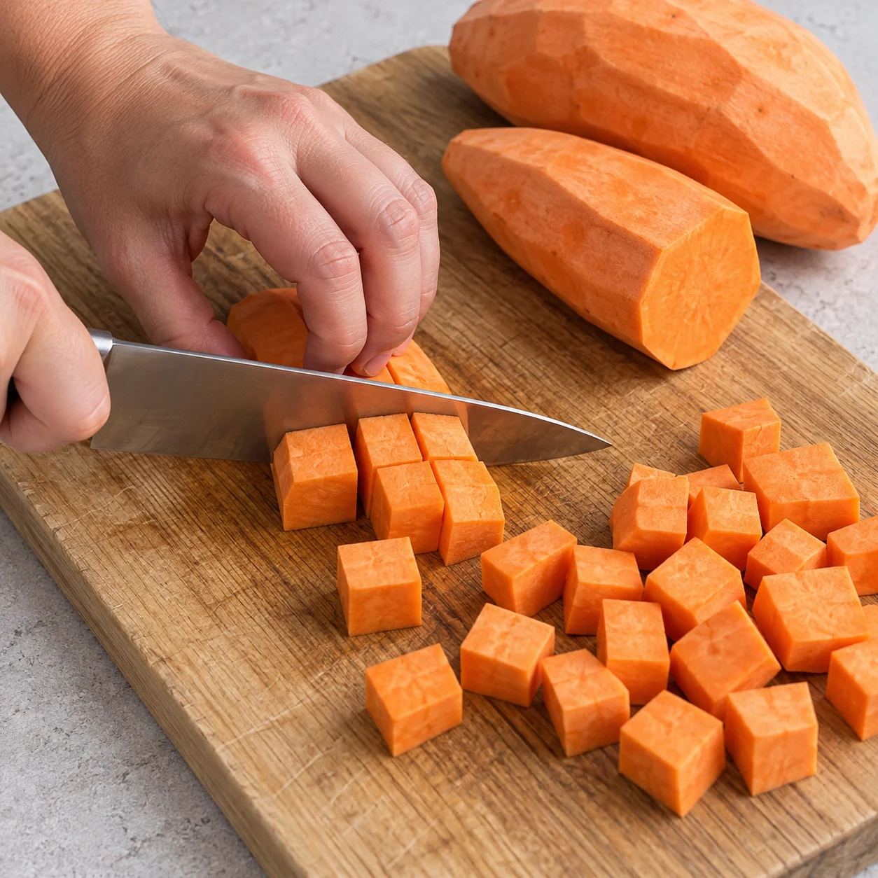 Découpe de patate douce orange en dés sur planche, doigts en griffe.