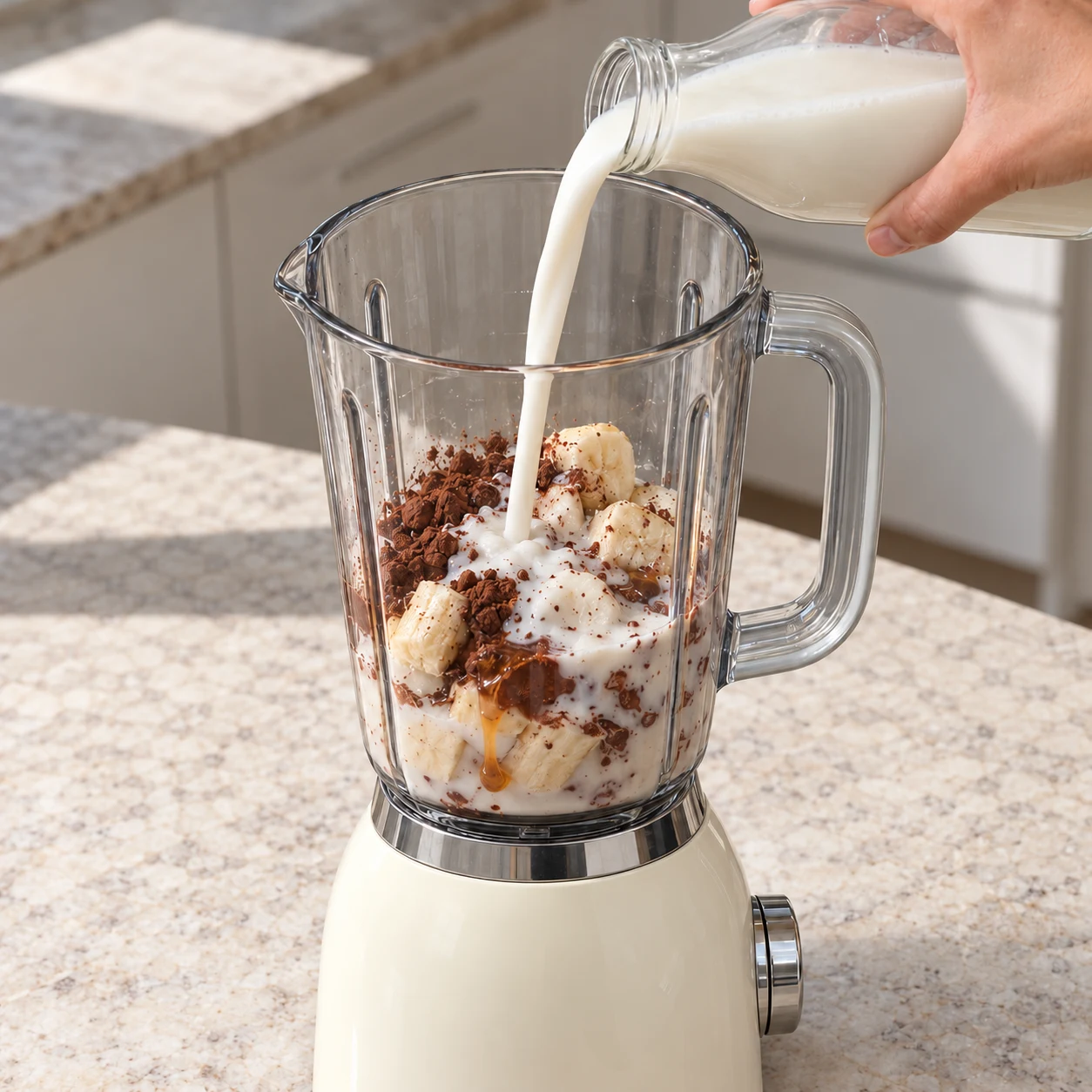 Lait d’amande blanc versé dans le bol contenant banane, cacao et agave.