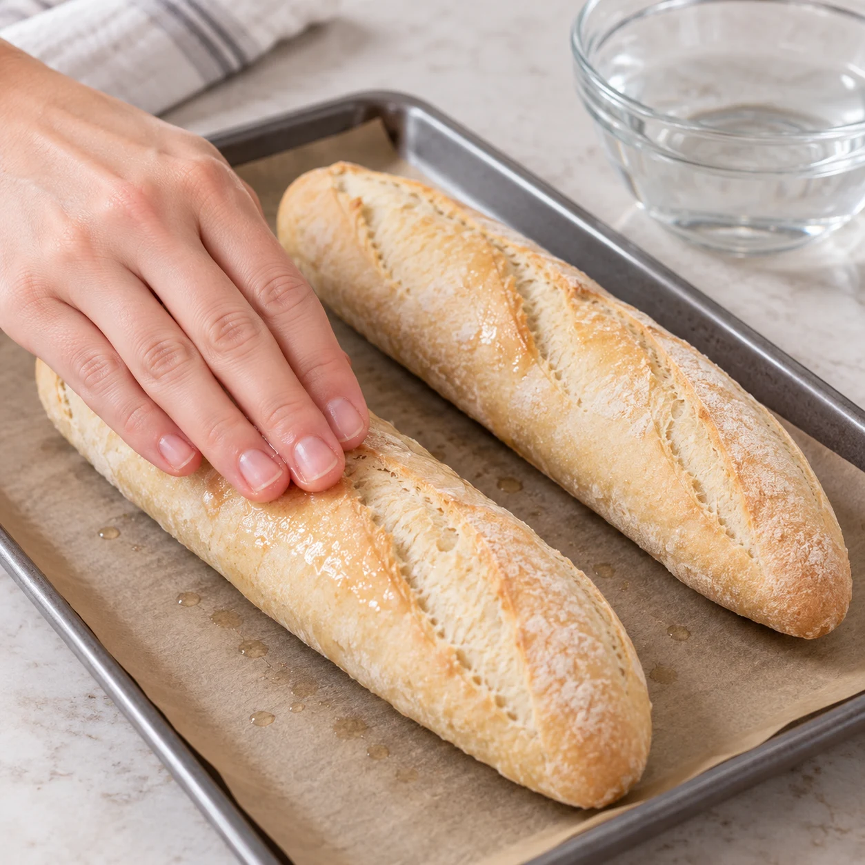 Deux petites baguettes précuites pâles, un doigt sans bijou humectant légèrement leur surface au-dessus d’une plaque.