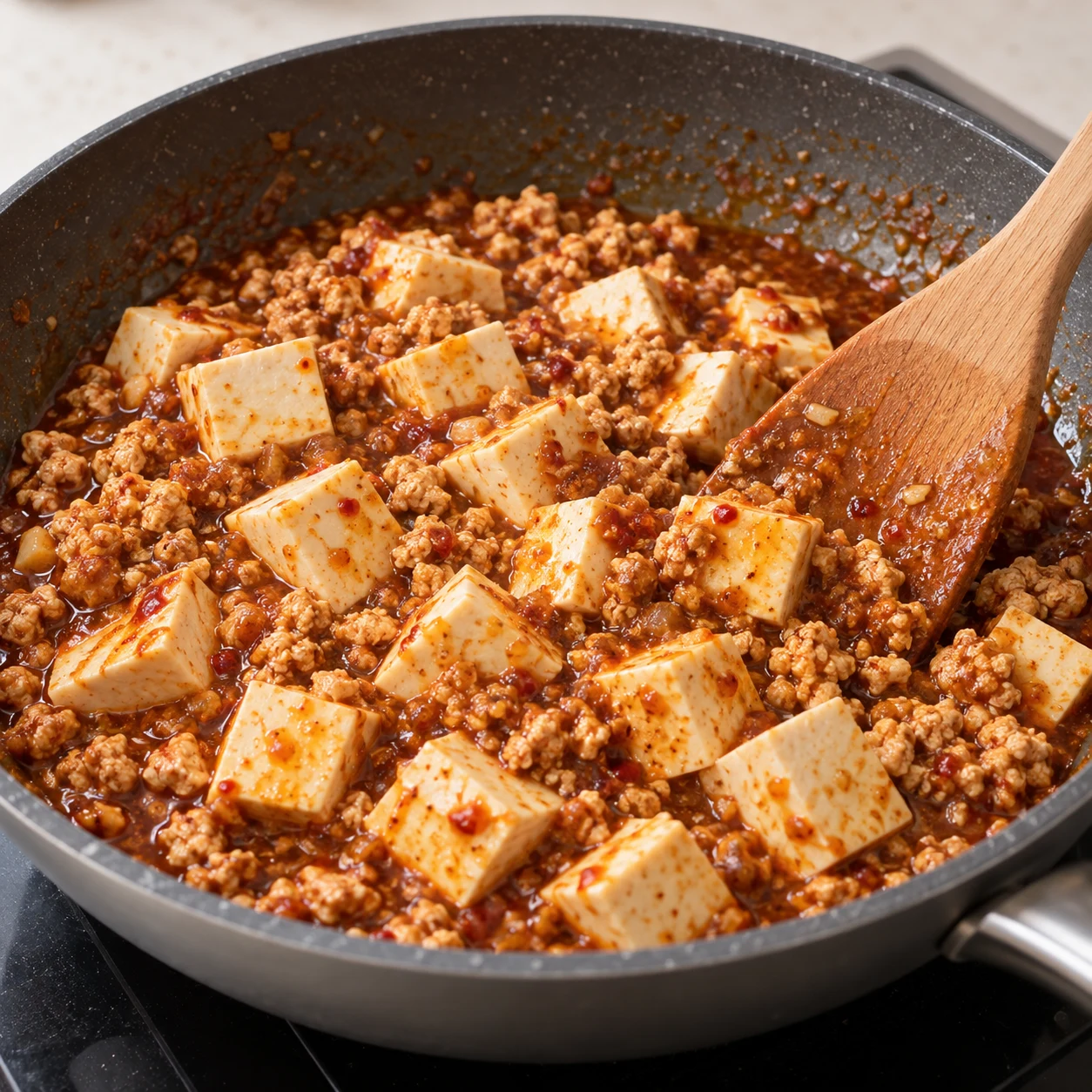 Dés blancs blanchis versés dans la sauce brun-rouge au tofu émietté.