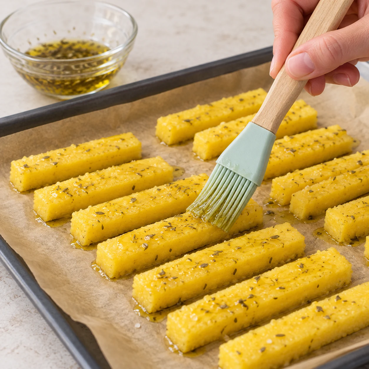 Une main adulte anonyme passe un pinceau sur des bâtonnets jaunes crus de polenta, sur papier sulfurisé.
