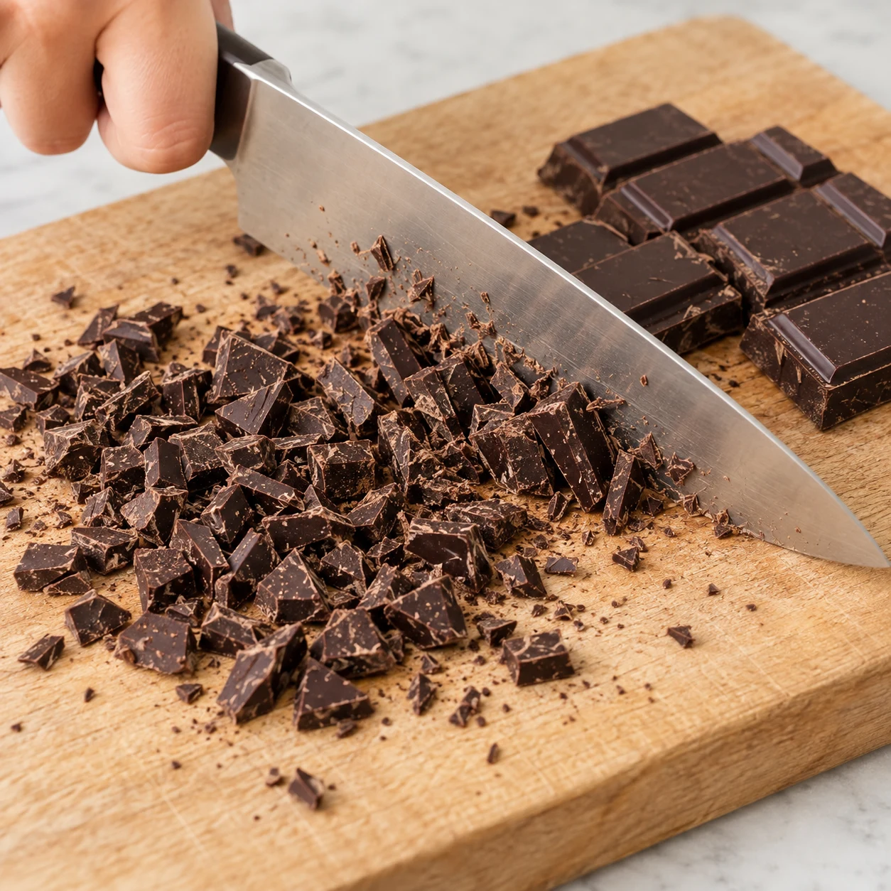 Un couteau hache une tablette de chocolat noir en éclats sur une planche stable, doigts hors du tranchant.