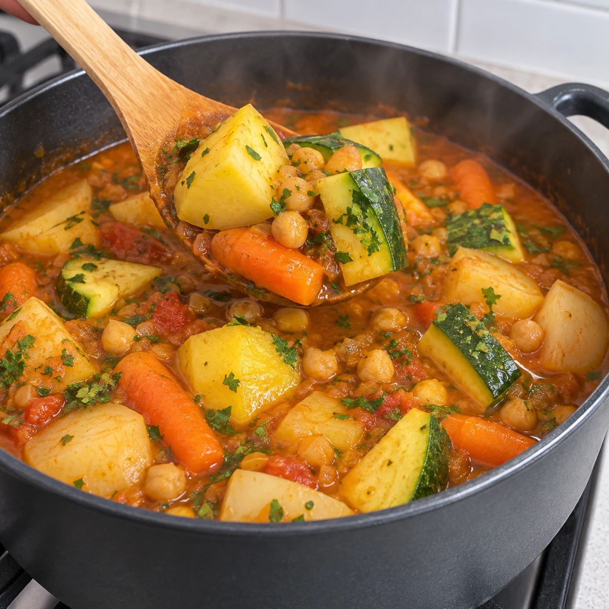 Spatule soulevant pommes de terre et courgette avec les carottes, navets et pois chiches dans la sauce rouge orangé au persil ; ni carrés de blé ni tofu ni viande.