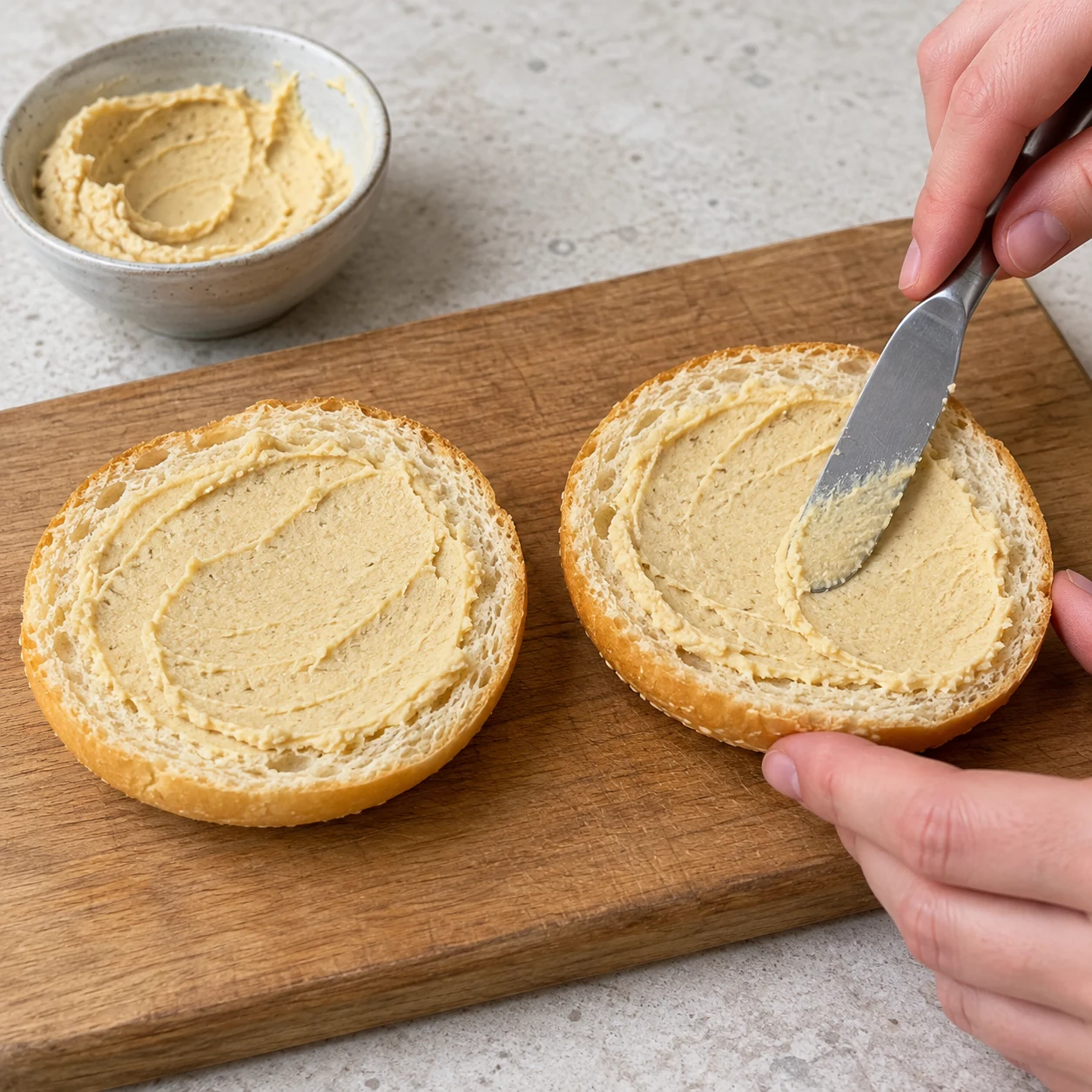Étalez le reste des 20 g de houmous sur l’intérieur des chapeaux. Montrer seulement cette action et les ingrédients déjà présents.