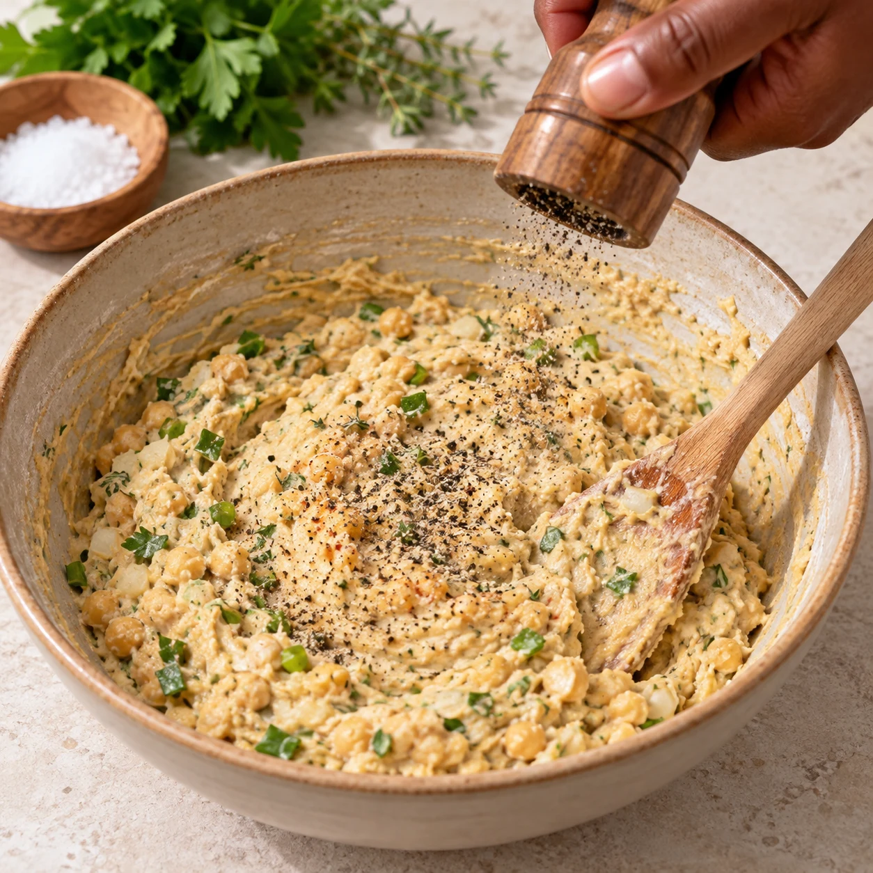 Bol de pâte épaisse aux pois chiches et aux aromates, petite addition de poivre noir, aucune dégustation crue.