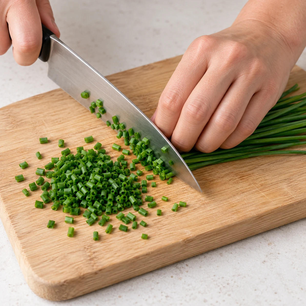 Ciboulette fraîche ciselée sur une petite planche.