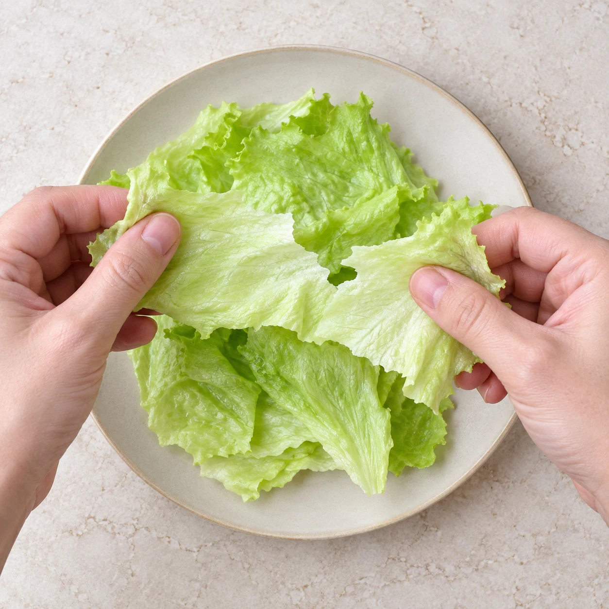 Des mains anonymes séparent quelques feuilles de salade iceberg vert pâle au-dessus d’une assiette.