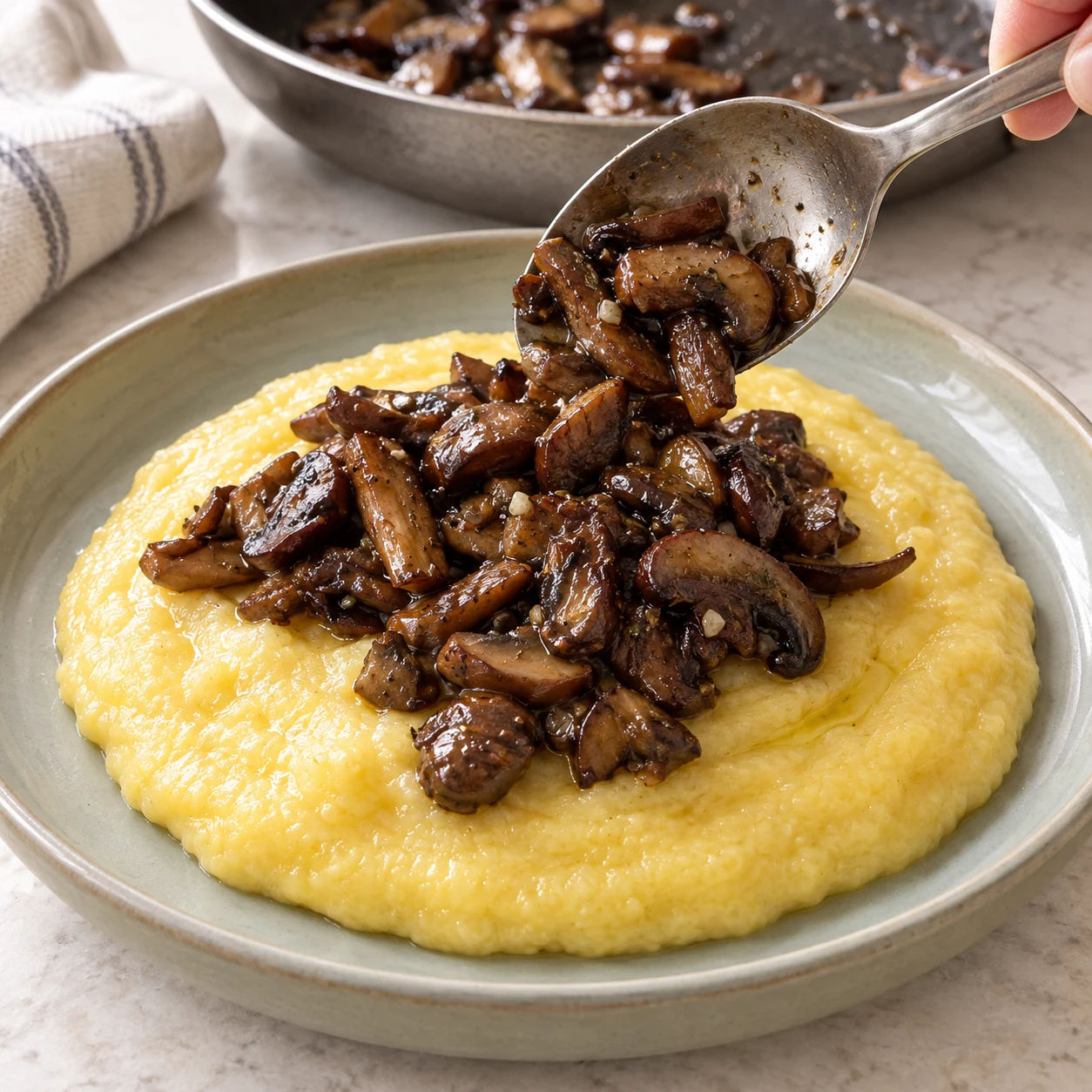 Cuillère déposant des champignons bruns caramélisés sur la polenta jaune, aucun œuf ni noisette ni persil frais.