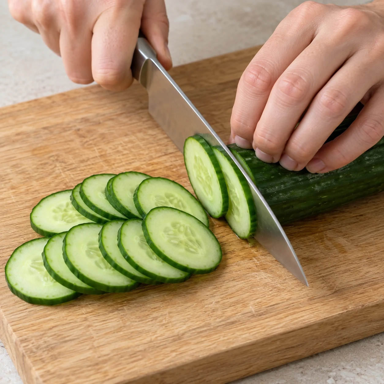 Coupe le concombre en fines rondelles sur une planche stable, les doigts repliés derrière la lame. Une seule phase, ingrédients de la variante uniquement.