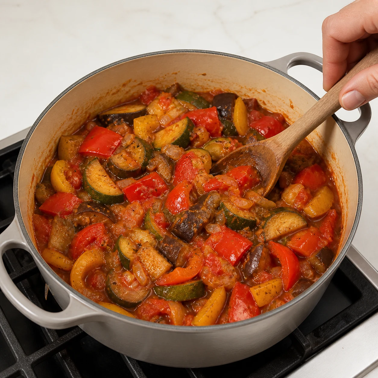 Ratatouille provençale finie dans une cocotte, morceaux distincts de courgette, aubergine, tomate et poivrons enrobés d’un coulis rouge brillant.
