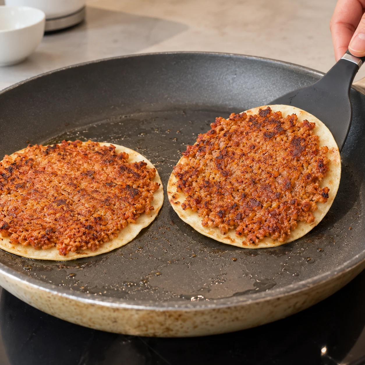Spatule retournant une tortilla dont le haché est doré.