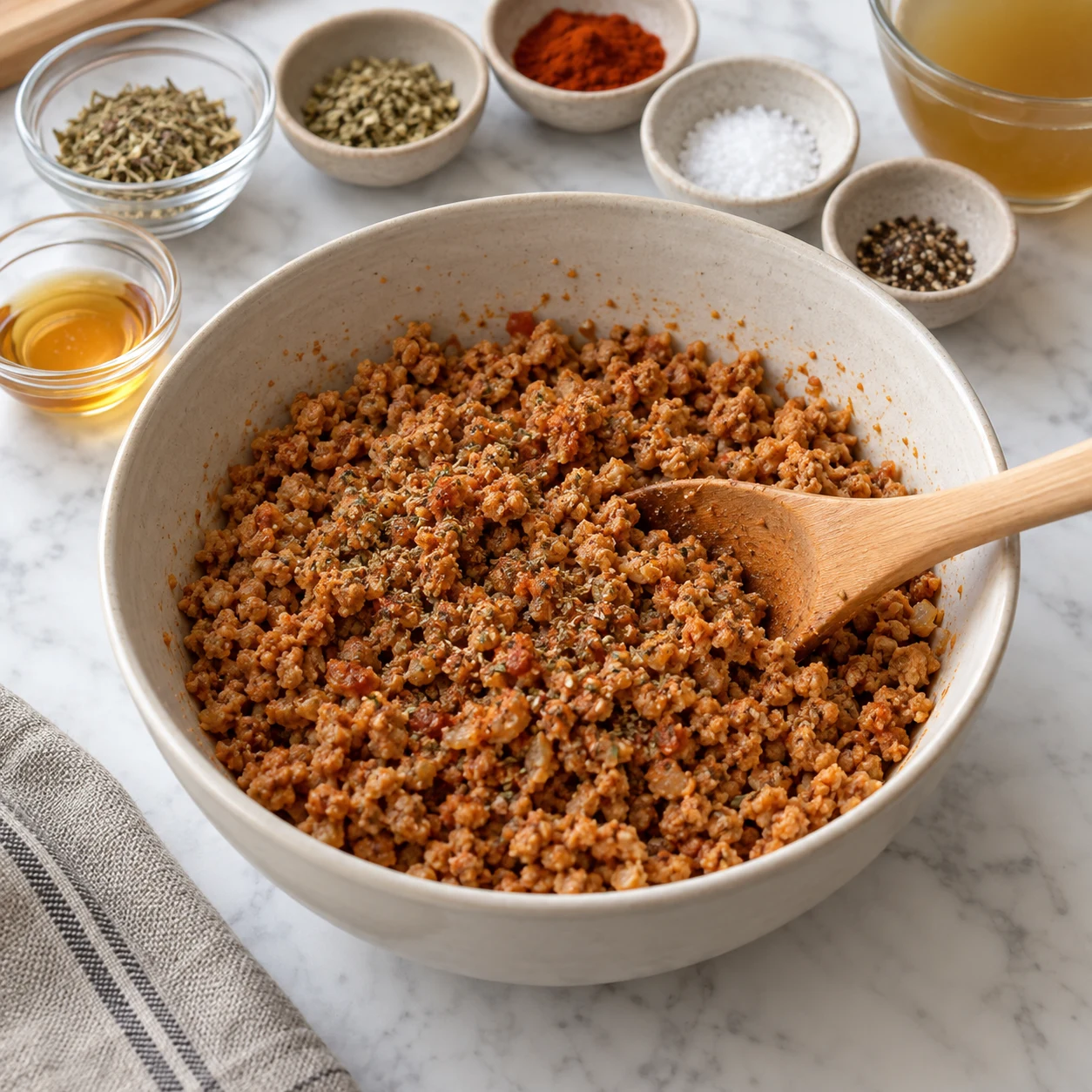 Haché végétal de soja déjà réhydraté en petits grains brun rouge, mélangé avec paprika et herbes dans un bol.