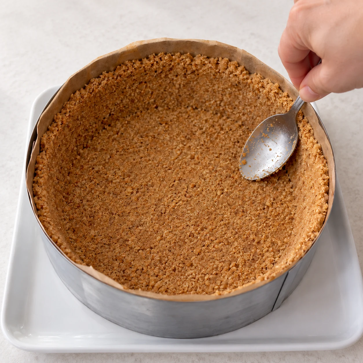 Tasse le mélange avec le dos d’une cuillère sur le fond et contre les côtés du cercle pour former une coque de biscuits compacte. Résultat à montrer : Le fond et le bord forment une coque continue, compacte, sans trou.