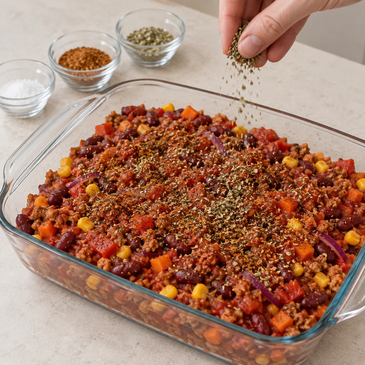 Assaisonnez avec le sel, le poivre et le mélange à la mexicaine selon le goût, puis un peu d’origan comme indiqué dans la recette d’origine.