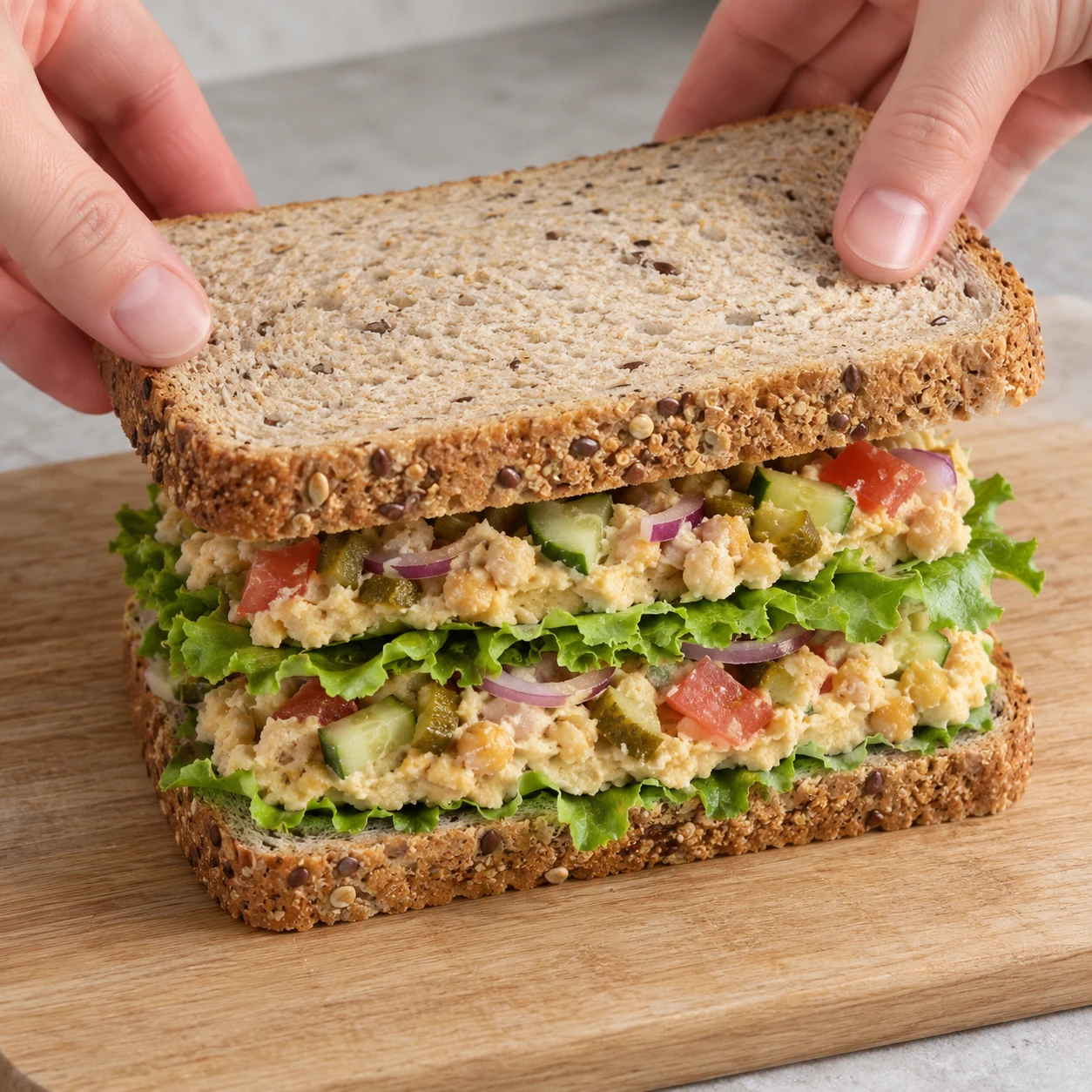 Posez le pain de mie restant sur la garniture pour fermer le sandwich. Montrer le sandwich assemblé et uniquement les ingrédients de cette phase.