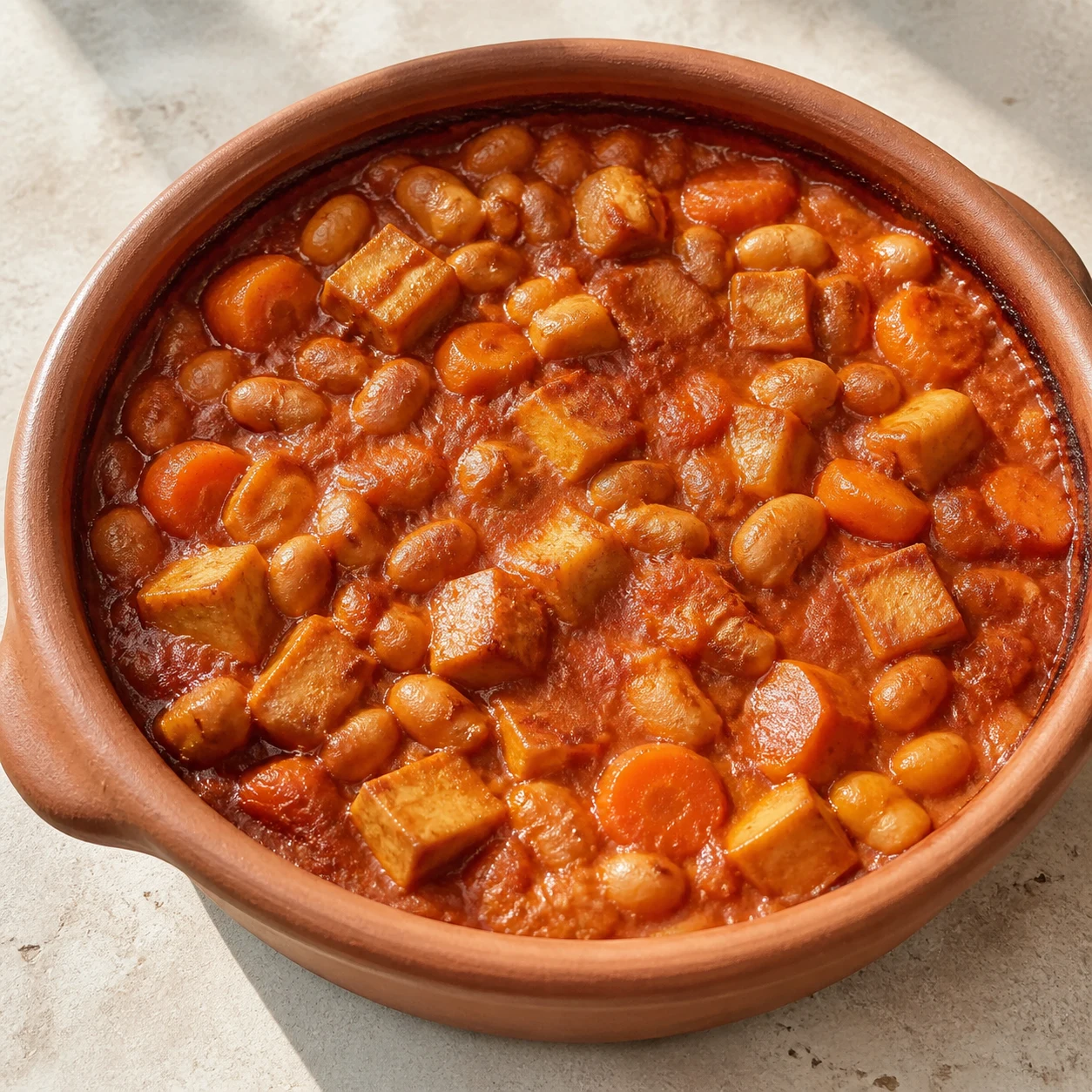 Cassoulet vegan fini dans une cassole en terre cuite, haricots blancs crémeux, tofu fumé doré, croûte fine gratinée.