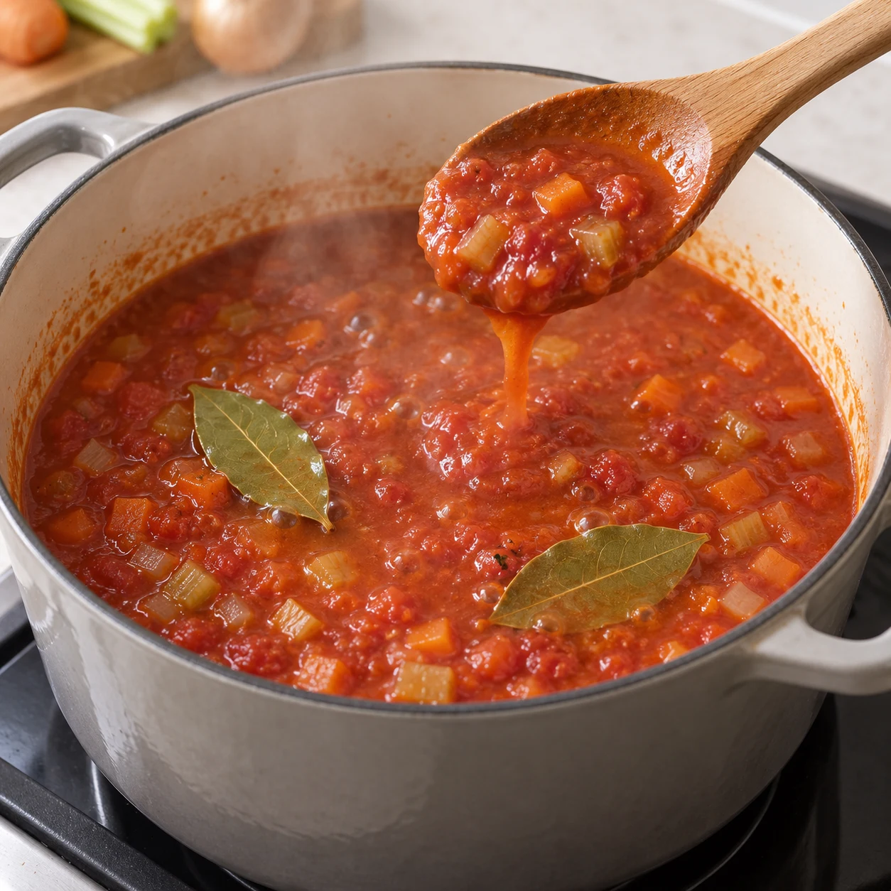 Sauce tomate aux petits dés de légumes et deux feuilles de laurier, frémissement dans la cocotte.