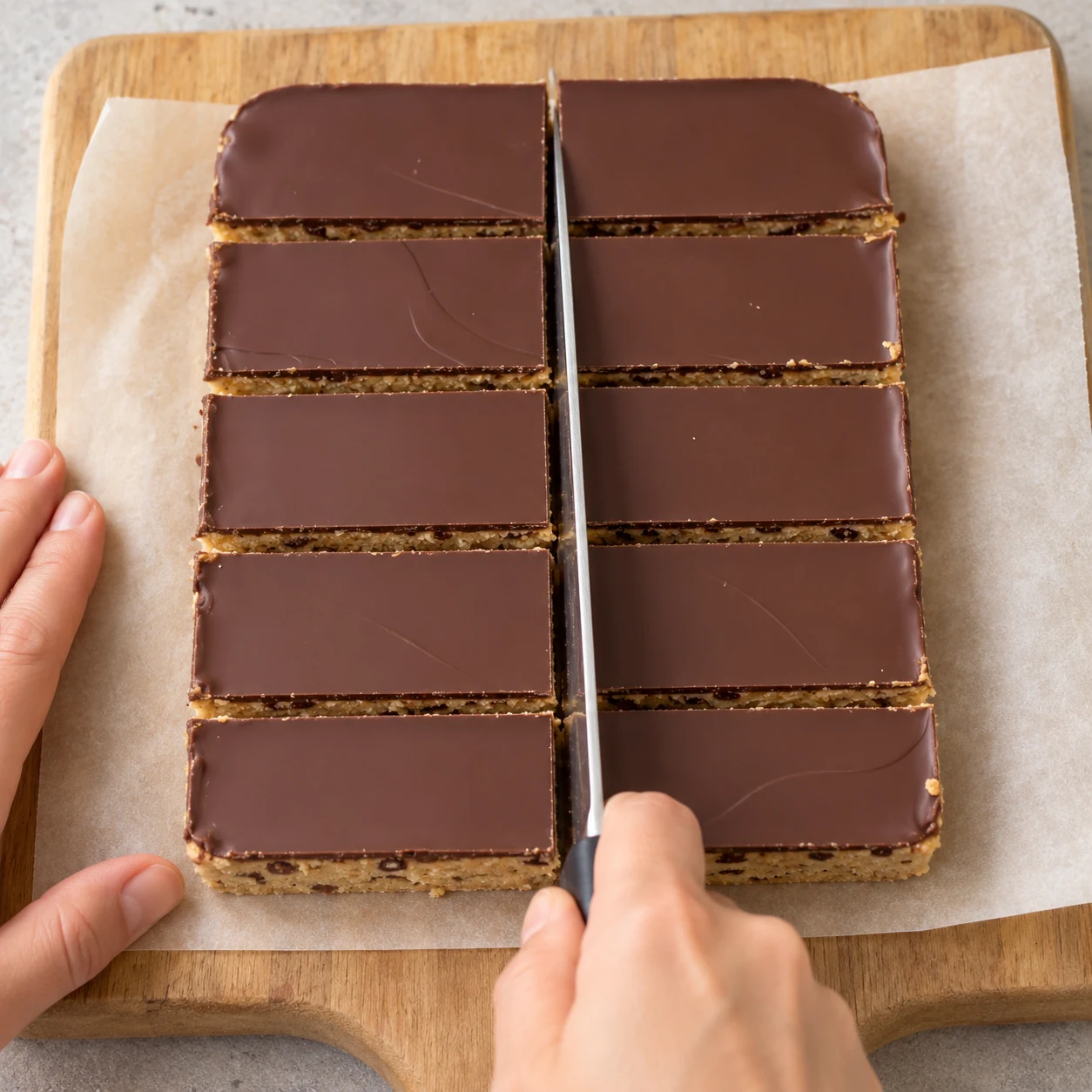 Découpe la préparation en dix barres, en deux colonnes et cinq rangées comme le résultat visible dans le Reel. État à montrer : Dix barres sont séparées et gardent leur couche chocolatée.