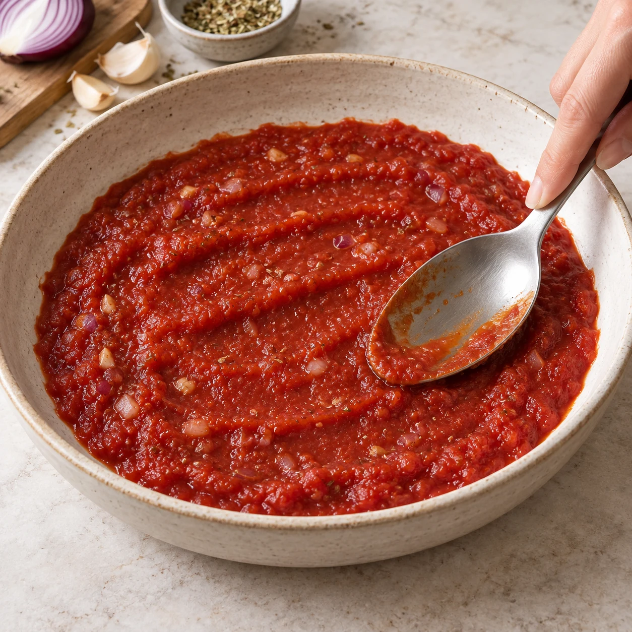 Une seule phase : Étalez la sauce tomate dans le plat de service. État attendu : La sauce forme une couche au fond du plat. Sans texte, sans personne identifiable, uniquement les ingrédients de cette étape.