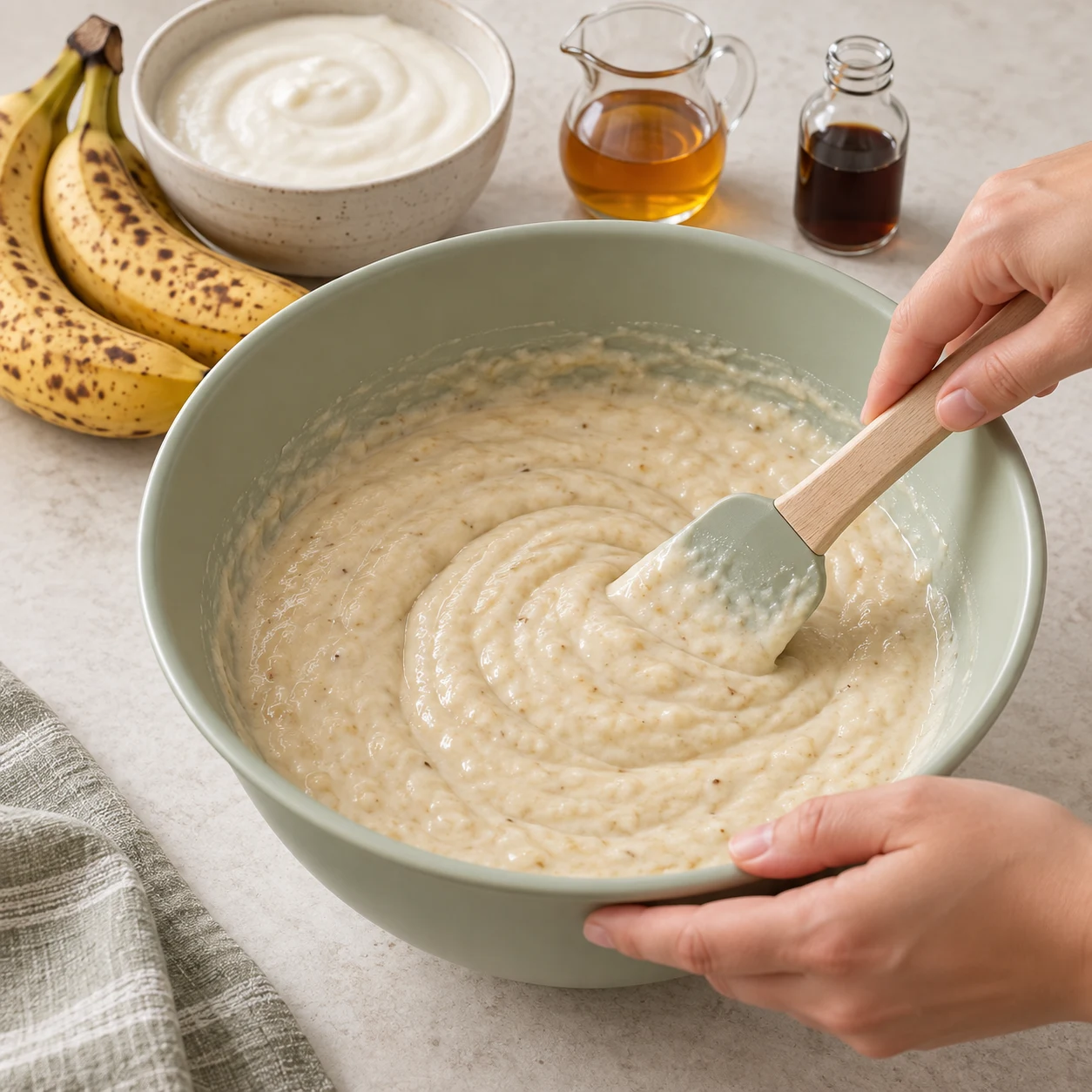 Une spatule incorpore du yaourt de soja blanc à la banane écrasée ; aucun œuf.