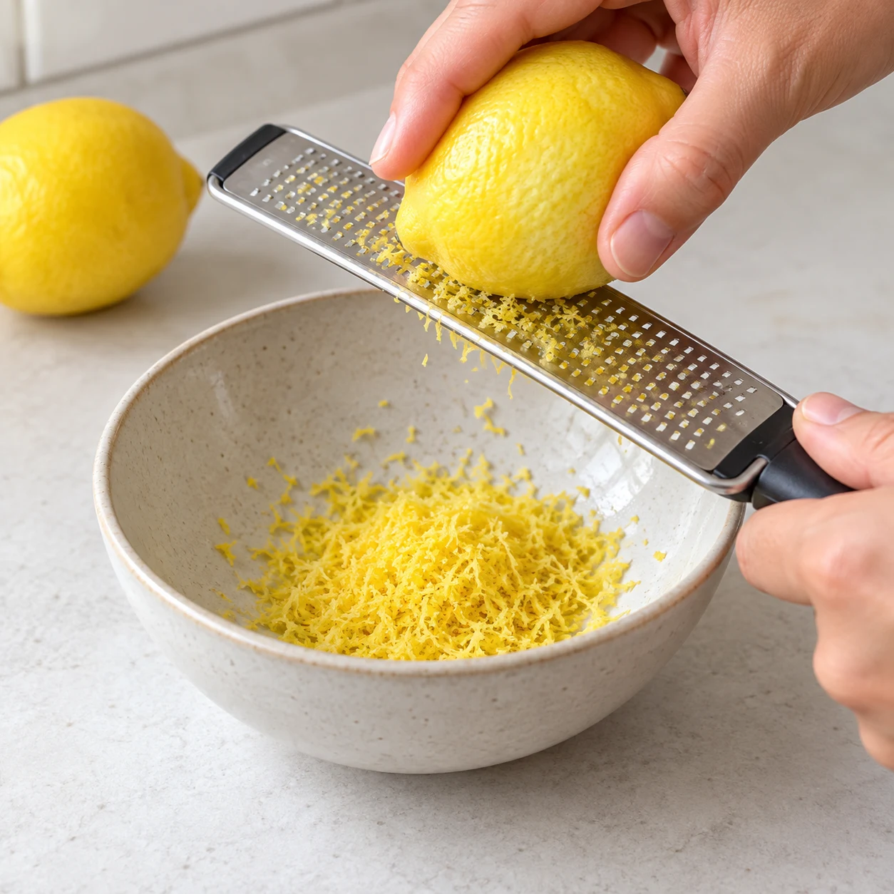 Une main anonyme râpe finement la peau jaune d’un citron.