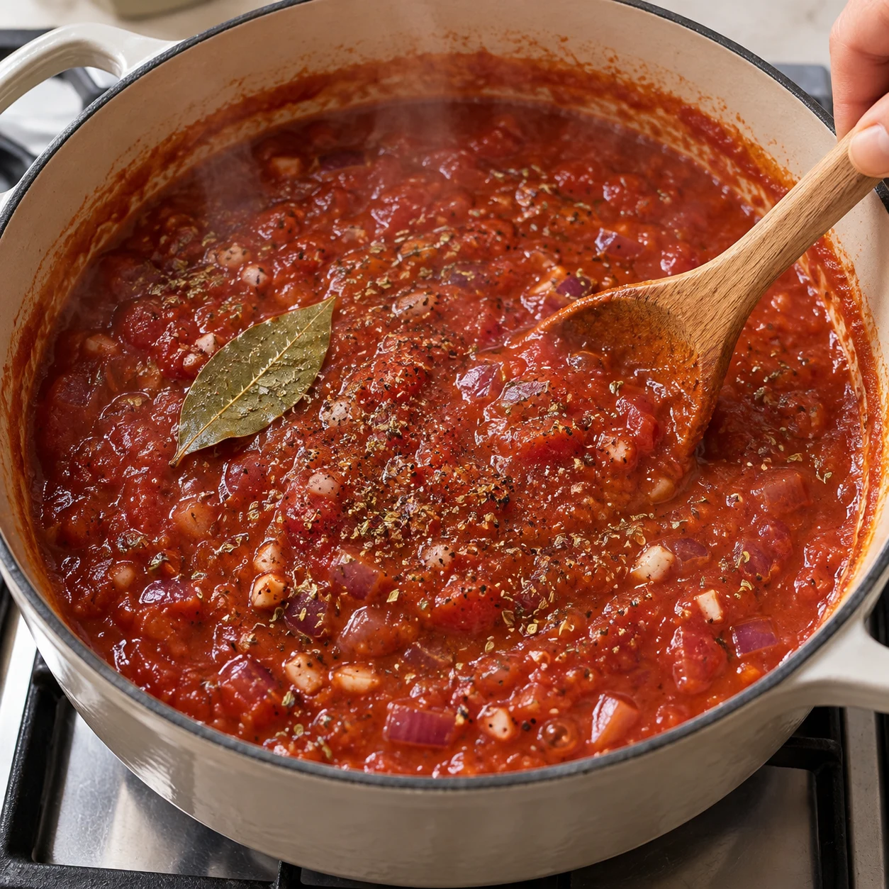 Une seule phase : Ajoutez le coulis, le laurier, 1 c. à soupe d’origan, du sel et du poivre. Laissez mijoter à couvert sur feu doux 20 à 25 minutes en remuant fréquemment ; ajoutez un peu d’eau seulement si la sauce a trop réduit. État attendu : La sauce est homogène et assez souple pour napper le fond du plat. Sans texte, sans personne identifiable, uniquement les ingrédients de cette étape.