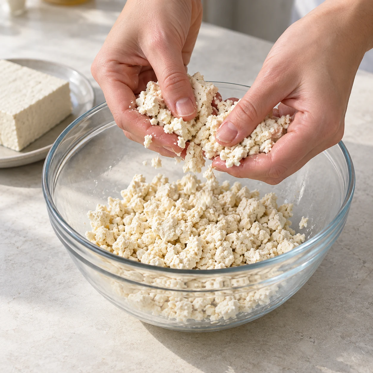 Mains anonymes émiettant du tofu nature stérilisé au-dessus d’un bol ; aucune personne identifiable.