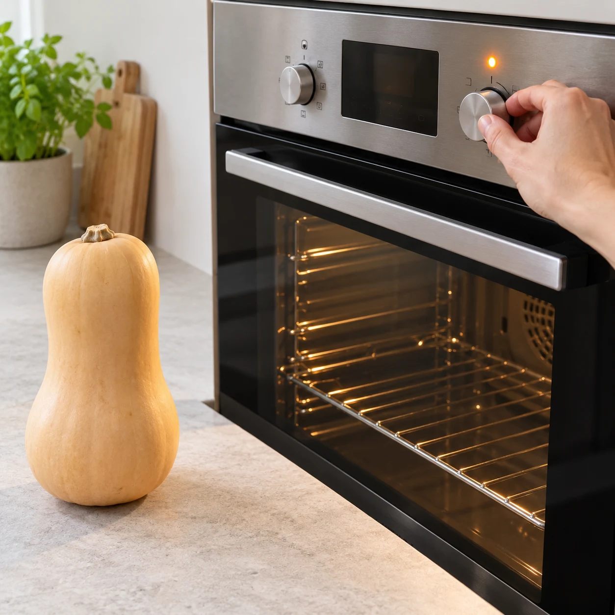 Préchauffez le four à 200 °C. Gardez le butternut sur le plan de travail pendant la chauffe. Montrer une seule phase et uniquement les ingrédients cités.