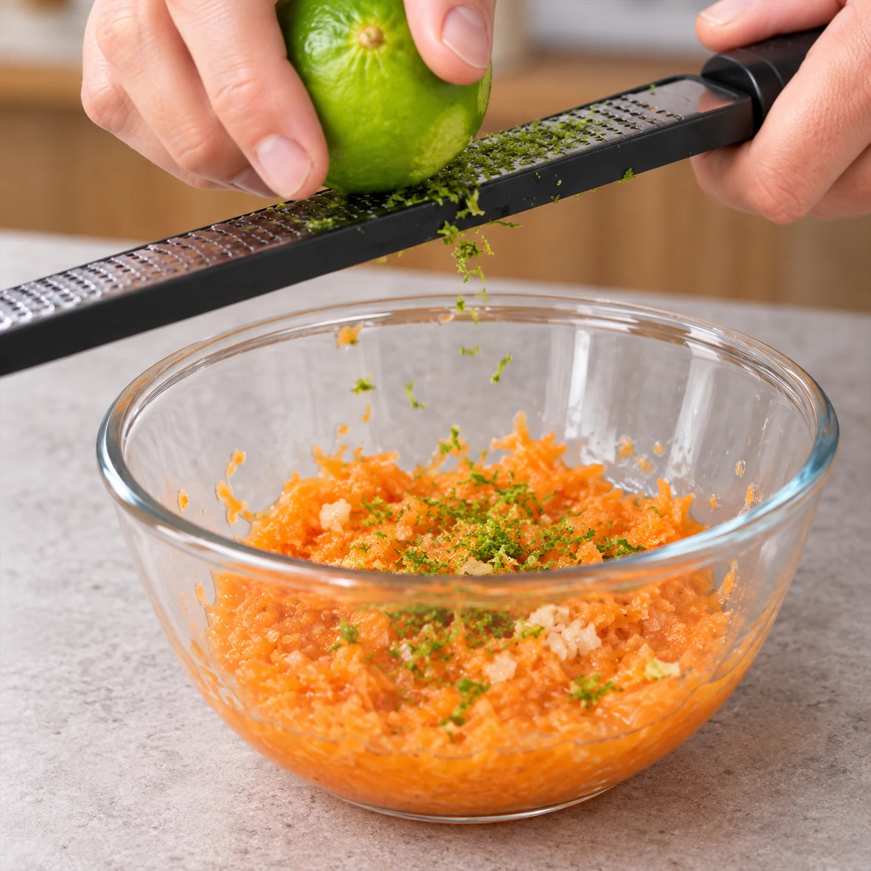 Zester le citron vert : De petites particules vertes se mêlent à la carotte.
