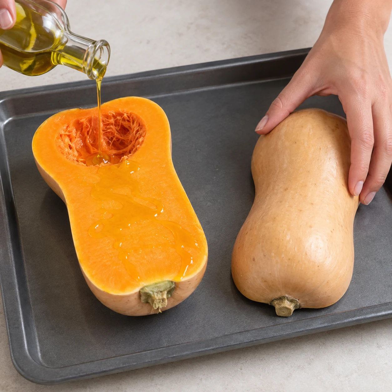 Deux demi-butternuts crues huilées, une main anonyme retourne l’une sur une plaque neutre.