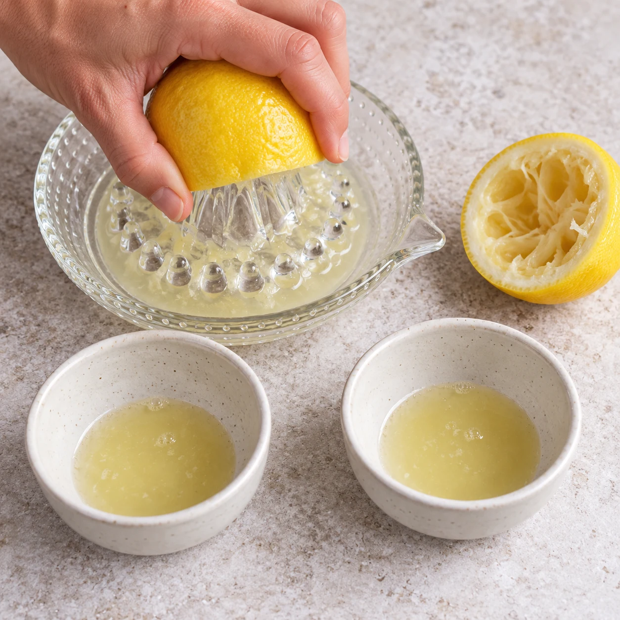 Presser le citron : Les deux demi-jus sont séparés.