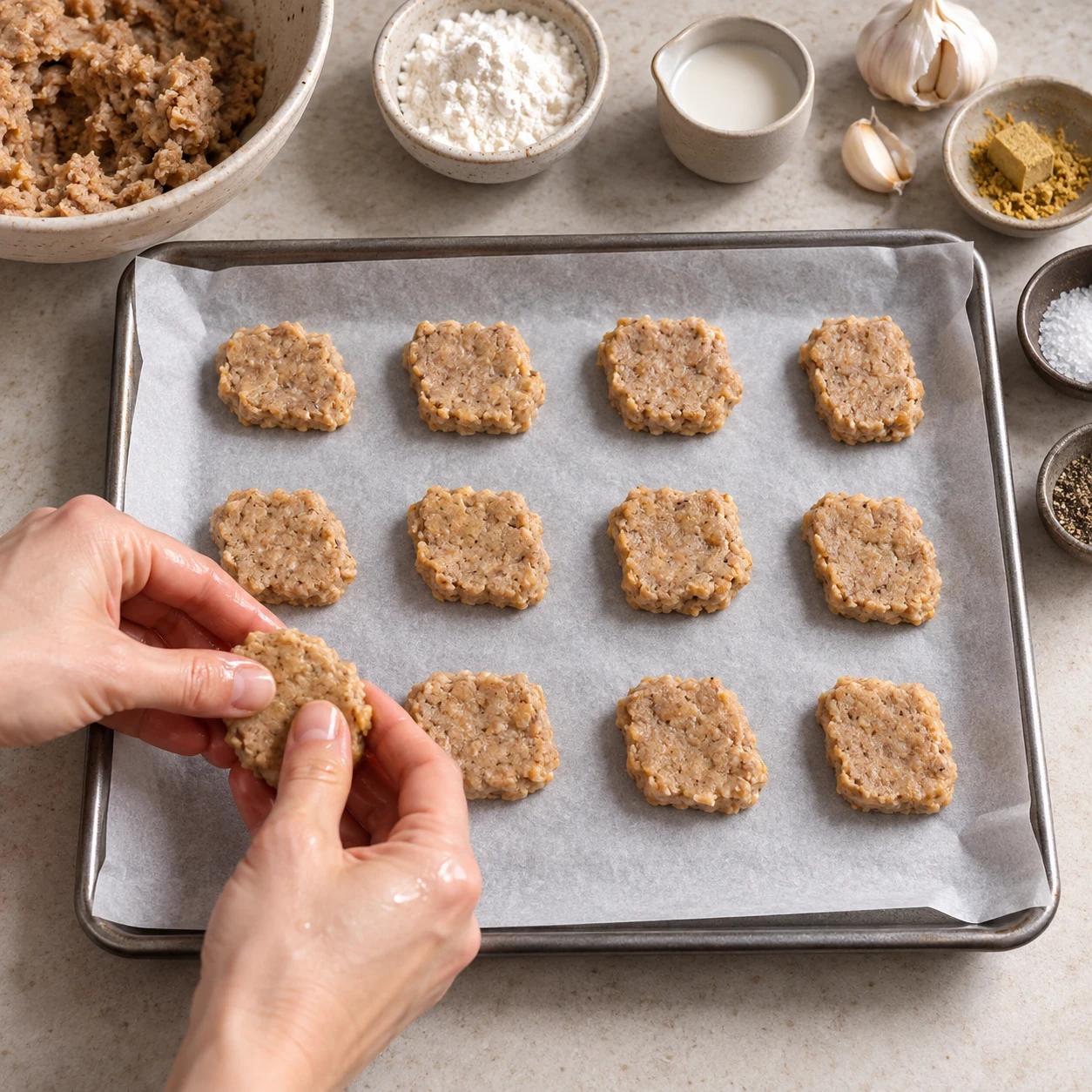 Mains adultes anonymes façonnant de petits nuggets de pâte de protéines végétales sur papier sulfurisé.