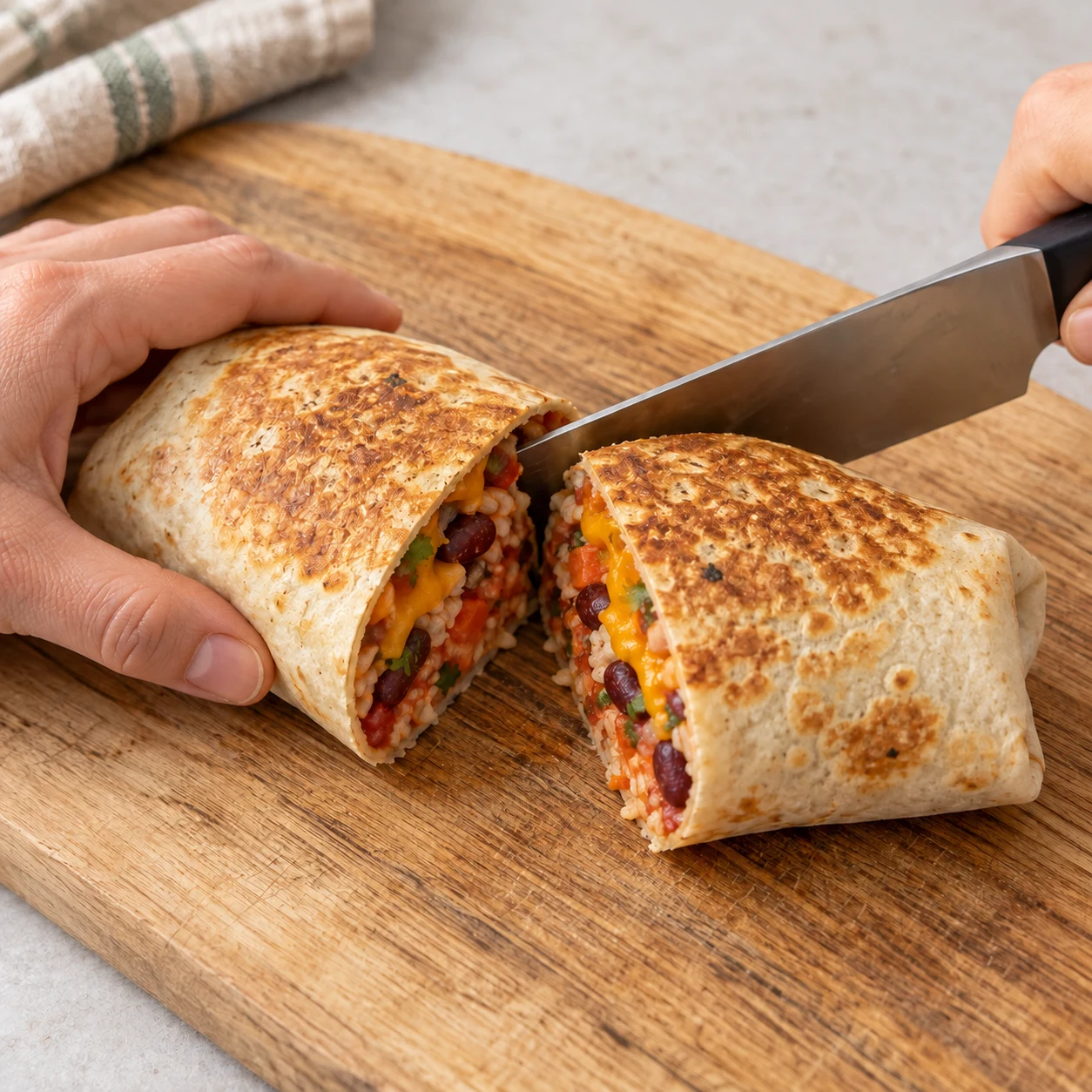 Burrito doré en cours de coupe sur planche stable, couteau éloigné de la main, farce compacte riz haricots carottes. : lanières de cheddar végétal fondues dans la farce.