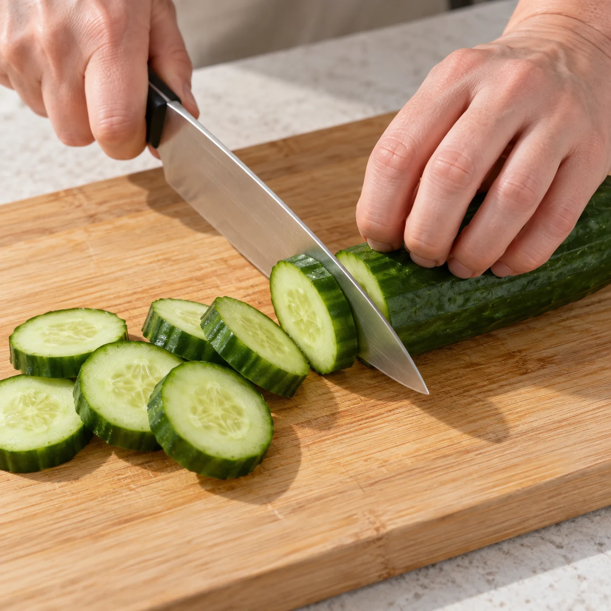 Coupe sûre de rondelles de concombre sur une planche stable, doigts repliés en griffe.